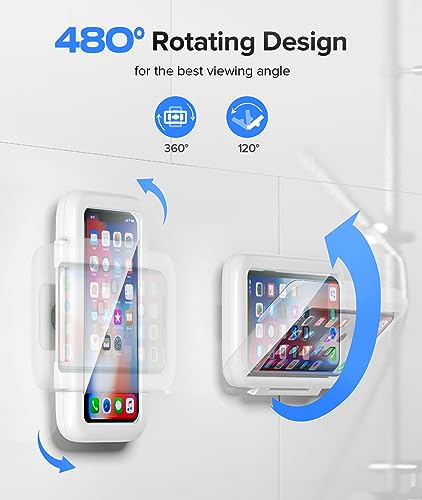 LC-dolida Shower Phone Holder Waterproof 480 Rotation Phone Stand Case Mount for Bathroom Batheub Kitchen Wall Mirro Compatible with iPhone 15 14 13 12 11 Plus Pro Max XS XR up to 6.8 Cell Phone