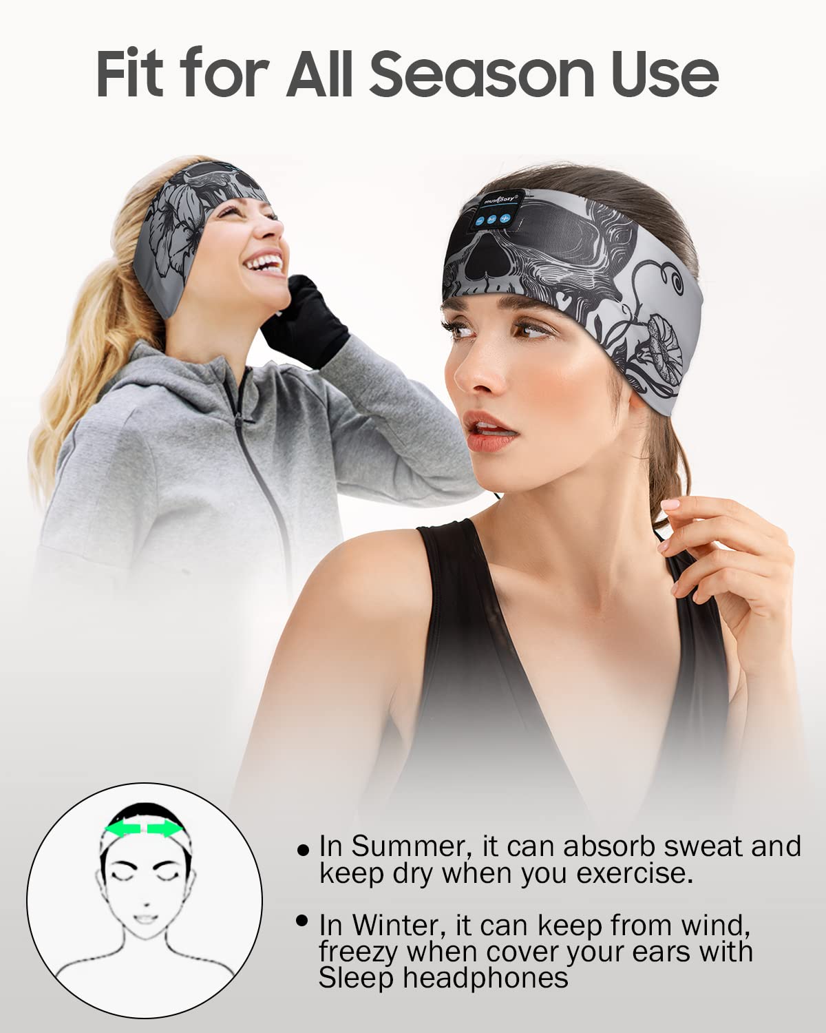 MUSICOZY Sleep Headphones Bluetooth Headband Wireless Sleeping Headphones Music Sport Headbands Long Time Play Sleeping Headsets Built-in Thin Speakers(Skulls Design)