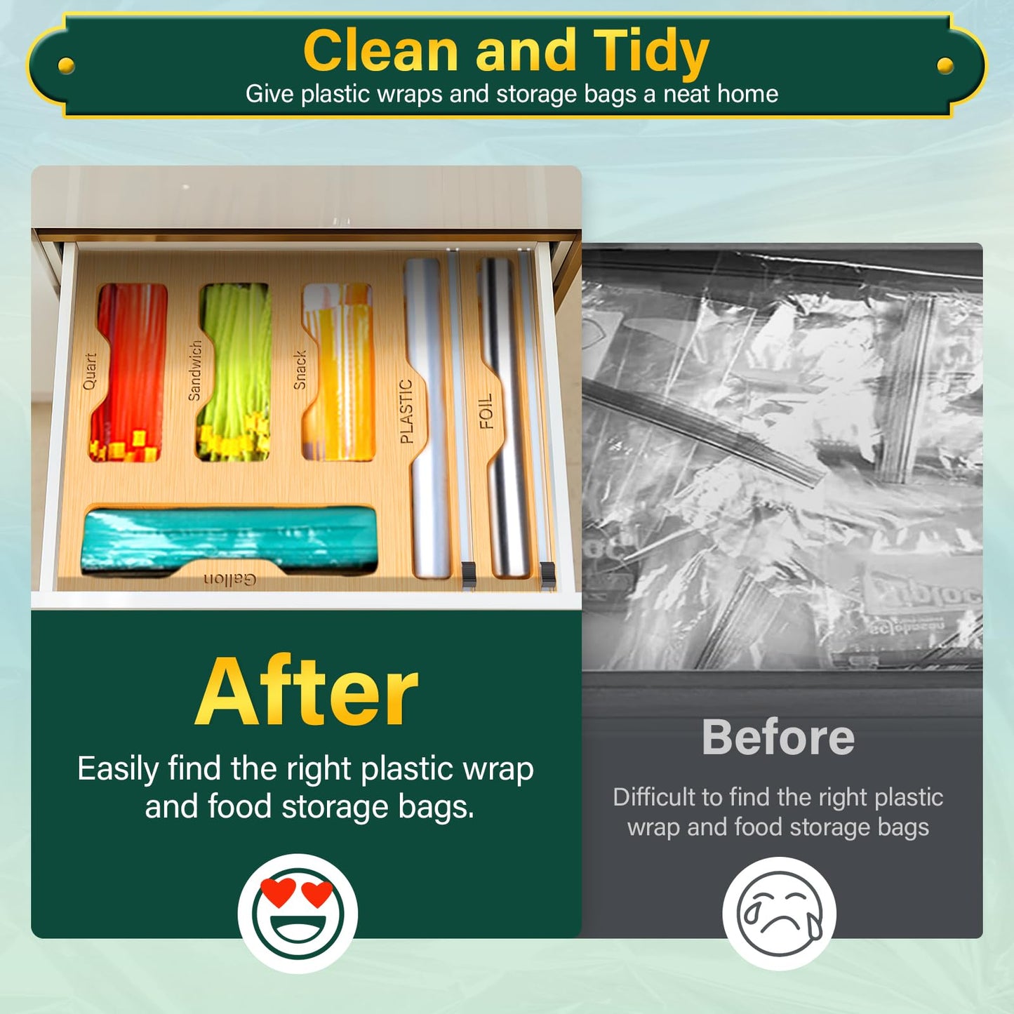 Bag Organizer with Cutter 6 In 1 Bamboo Foil and Plastic Wrap Organizer for Kitchen Food Storage Bag Organizer for Gallon Quart Sandwich Snack