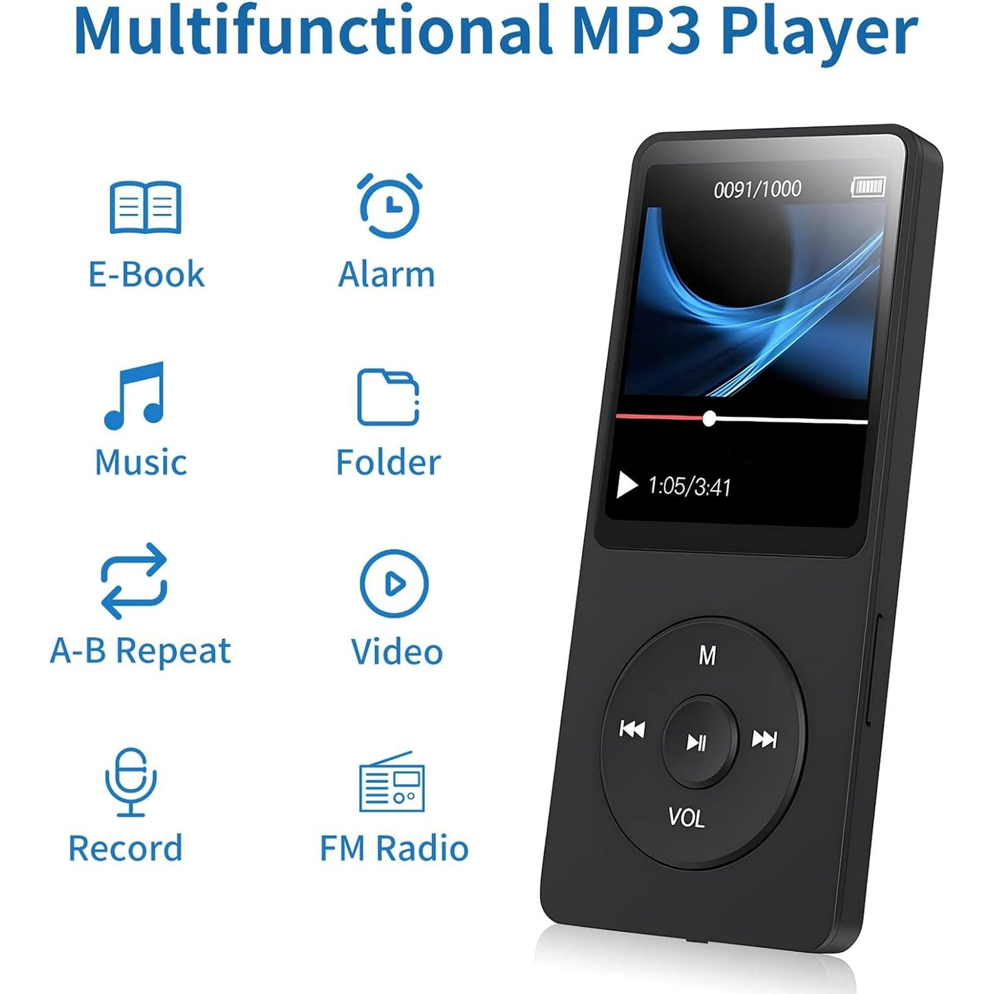 MP3 Player Music Player with 64GB Micro SD Card Earphone Build-in Speaker/Photo/Video Play/FM Radio/Voice Recorder/E-Book Reader Supports up to 128GB for Kids Running Walking