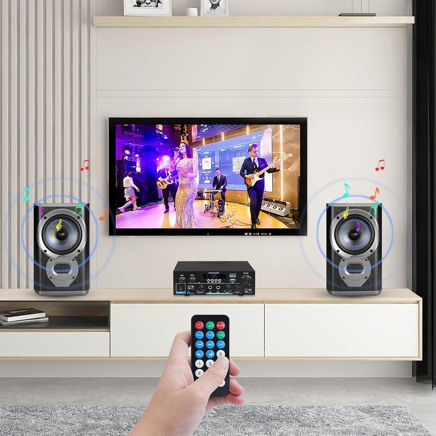 AK55 Amplifier Home Audio Stereo Receiver with Bluetooth 5.0 Rated Power 70W X2 Mini AMP 2.0 Channel HiFi Stereo Amplifier for Home Theater Audio System Studio Karaoke W/Bass/Treble/AUX/FM/MIC/USB