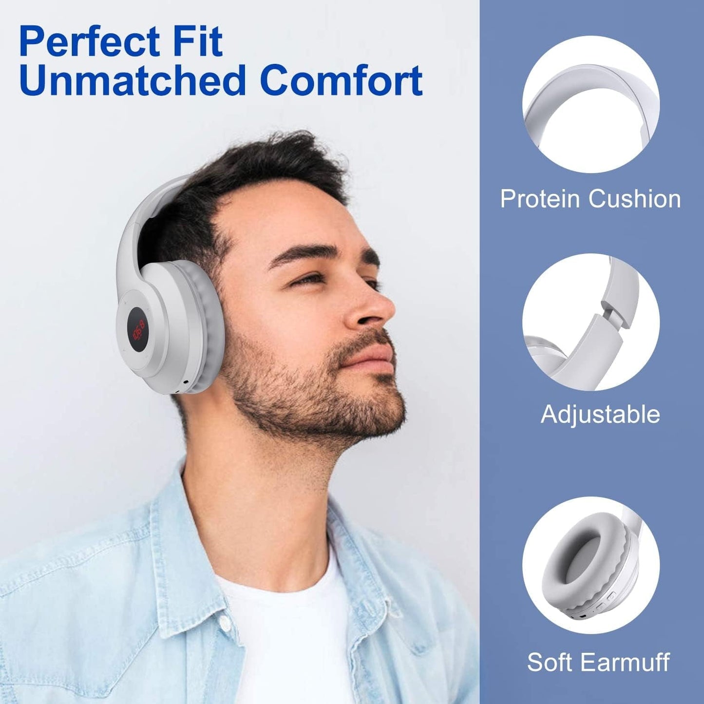 Wireless FM Radio Headphones with Bluetooth Built-in Microphone LED Display Rechargeable & Portable Headphones Soft Ear Muffs FM Headset Radio Receiver for Meeting Works Hiking Jogging