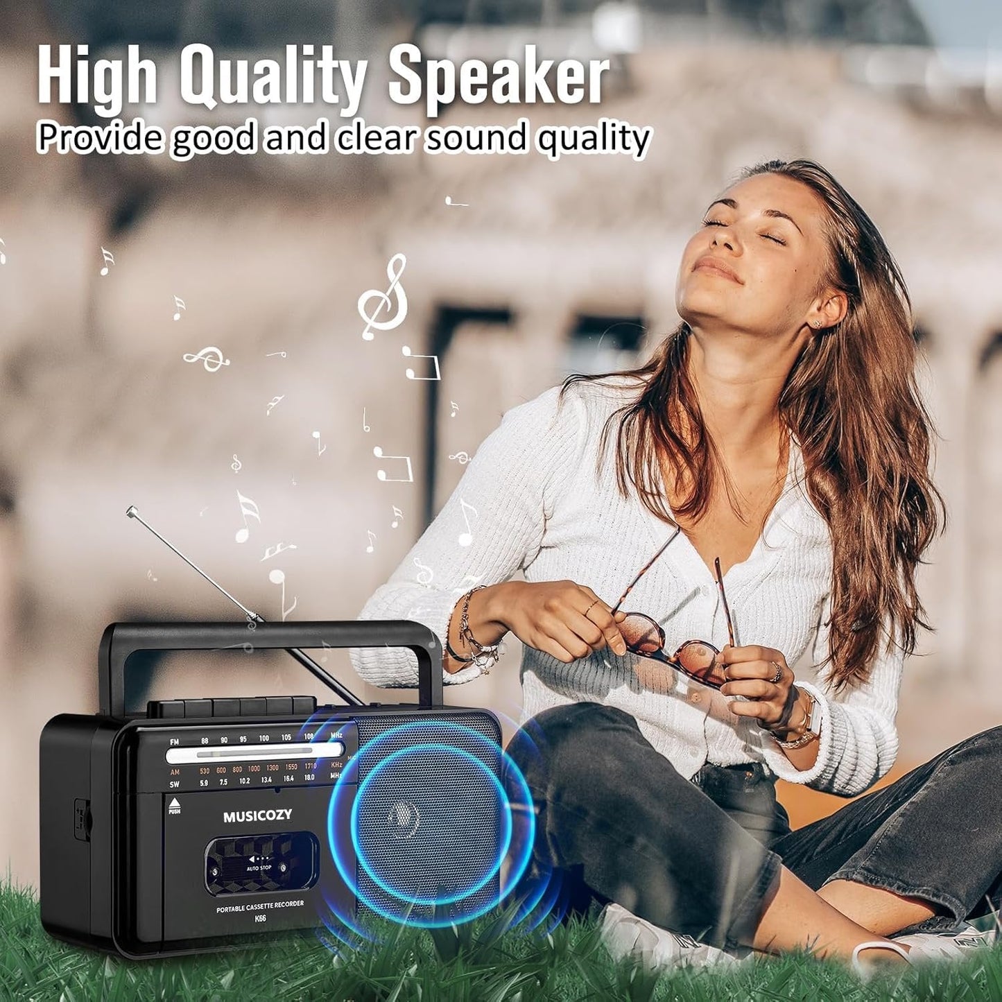 Cassette Tape Player Bluetooth Boombox Cassette Player AM/FM/SW Radio Stereo Tape Player/Recorder with Big Speaker and Earphone Jack USB/TF Card Player AC Powered or Battery Operated Grey