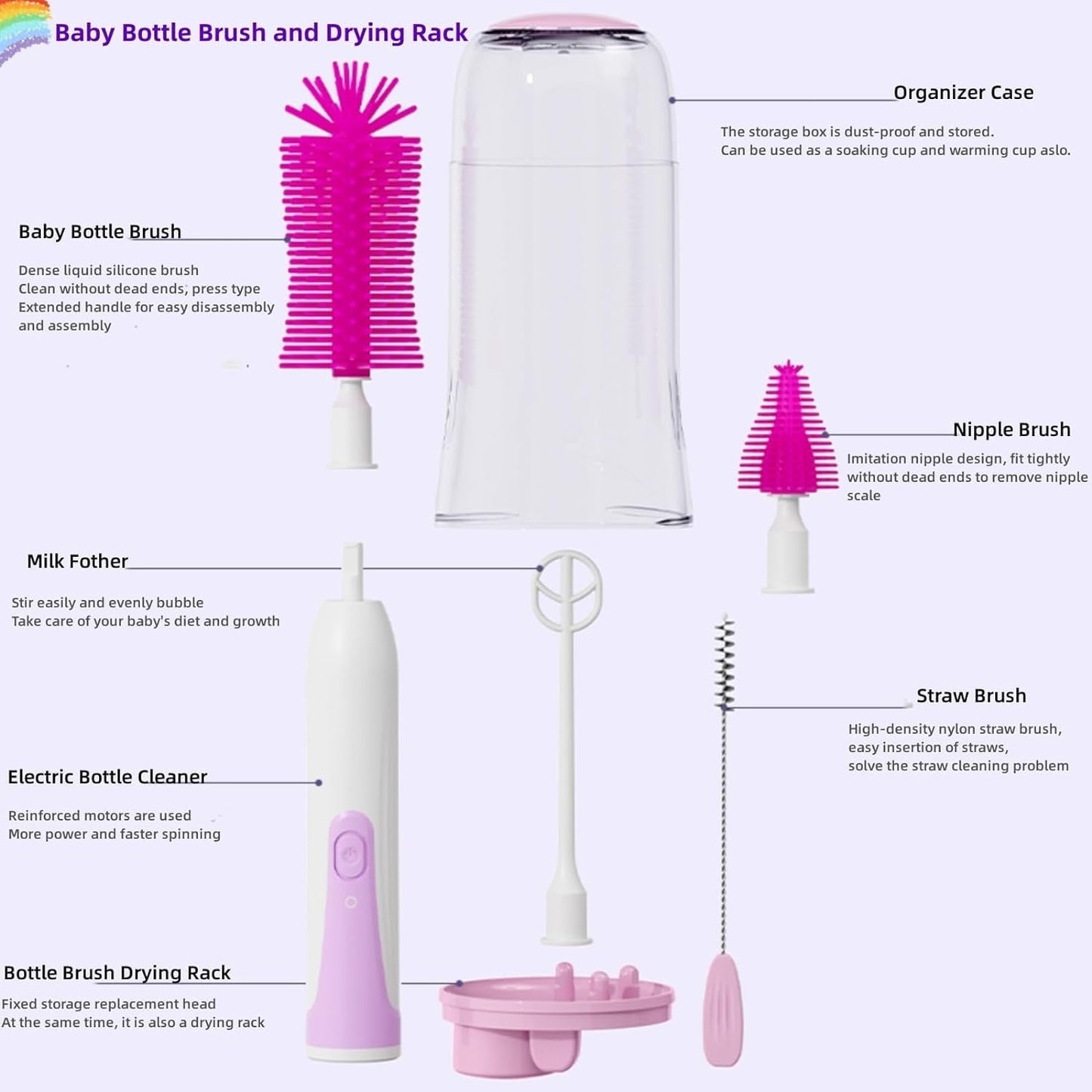 Electric Bottle Brush Cleaner Rechargable Electric Baby Bottle Brush for Travel Waterproof Electric Bottle Cleaner Set with Nipple & Straw Brush Perfect Essentials Gift for Mom After Birth Purple