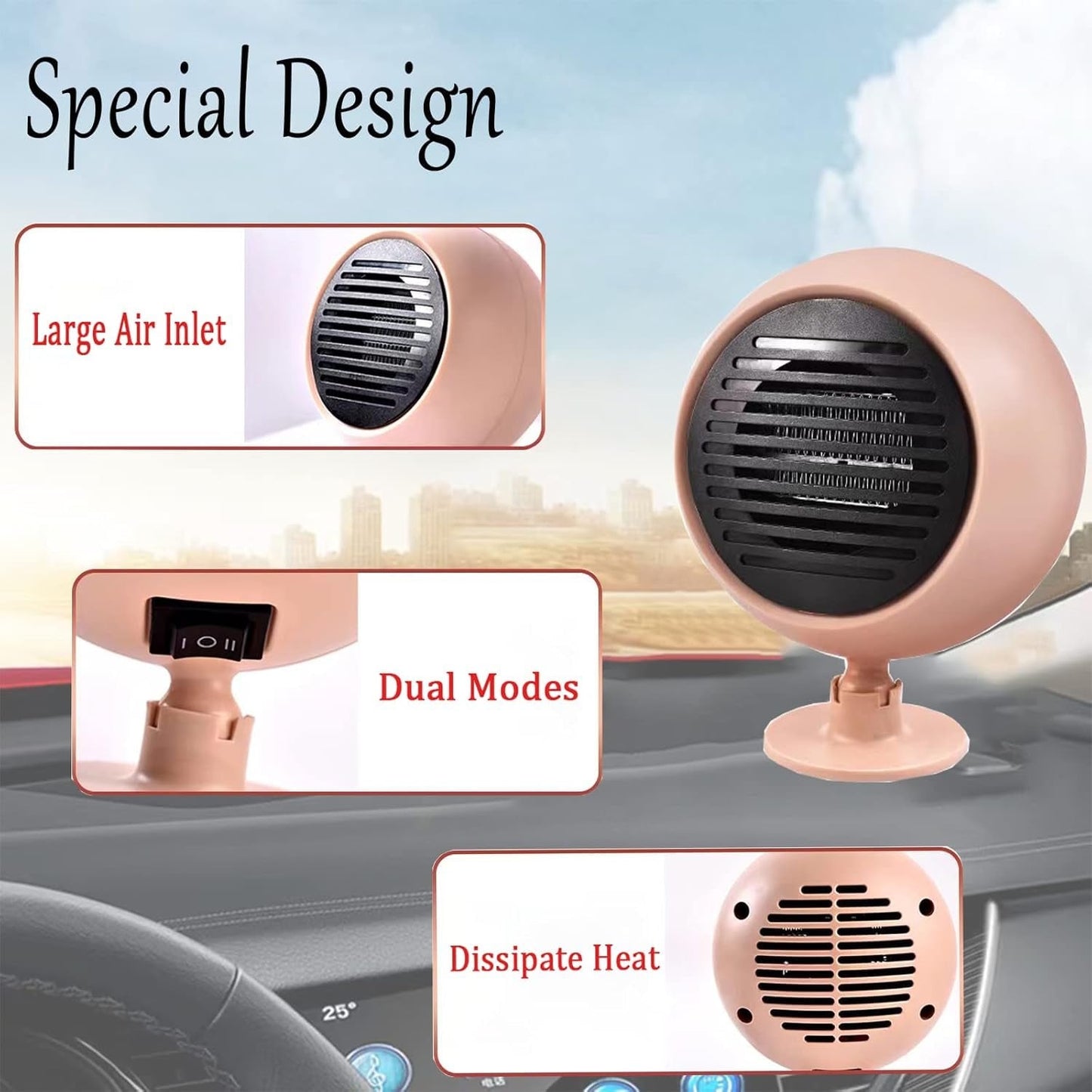 2 In 1 Car Heater Cooler Fan 12V Car Heater Portable 180W Car Air Heater Mini Car Speed Cooling Fan Windshield Defroster Demister 360° Rotatable Heater and Defogger for Car SUV and more Pink