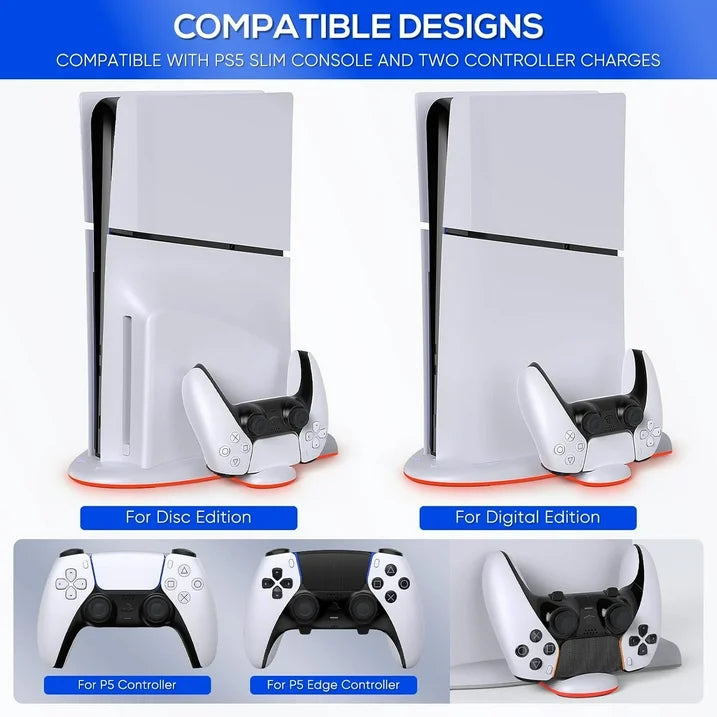 Charging Stand with Cooling Fan for PS5 Slim Console Dual Controller Charger Station with 9 RGB Light for DualSense/Edge Quiet Cooling System Accessories for Playstation5 Slim Digital/Disc