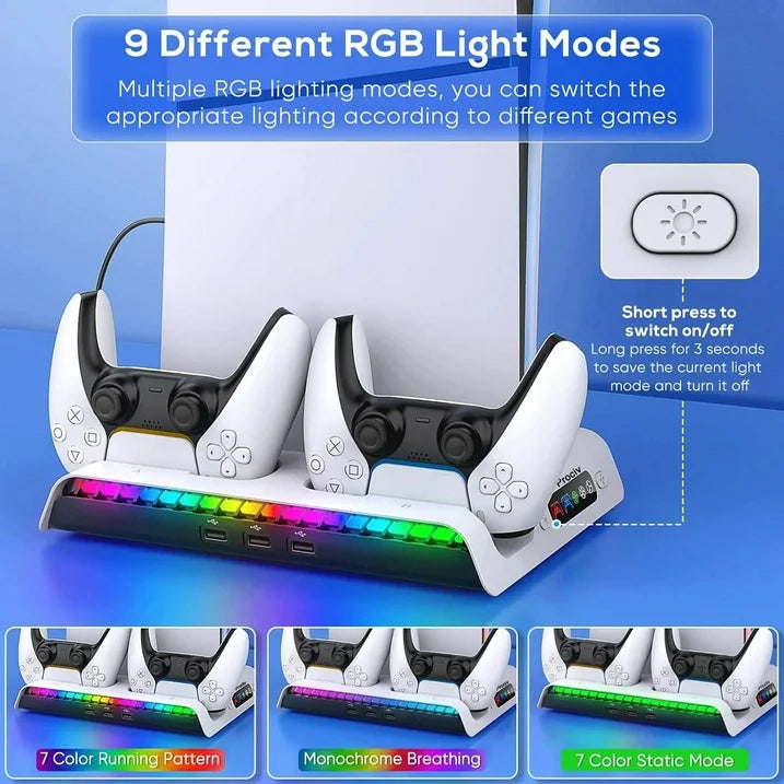 Prociv Charging Stand with Cooling Fan Only for PS5 Slim Console Dual Controller Charger Station with 9 RGB Lights & Headset Hook & 3-Level Silent Fan Cooler Accessories for PS5 Slim Digital/Disc