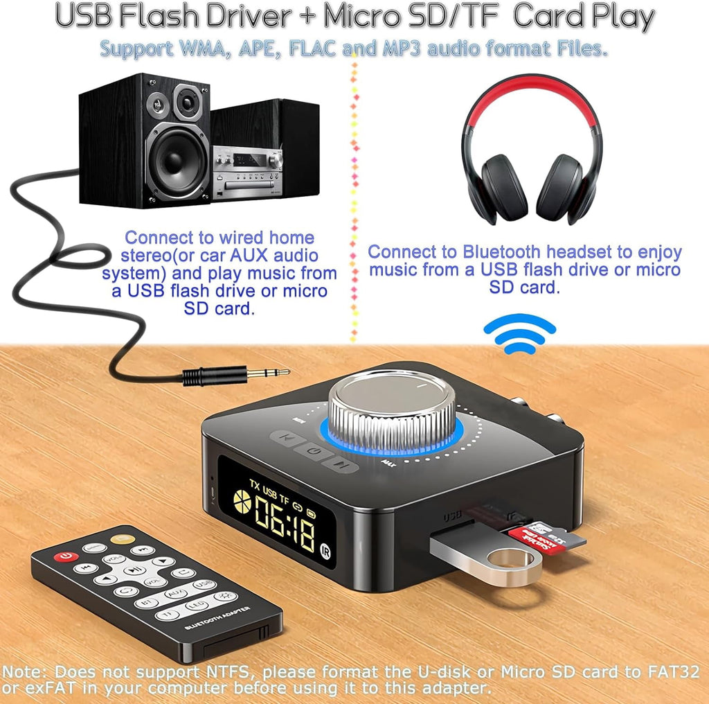 Bluetooth Audio Transmitter Receiver with Remote 5-in-1 Bluetooth 5.0 Adapter for TV Car CD PC Home Stereo Speaker Headset Support 3.5mm AUX RCA USB U Disk MP3/Micro SD TF Card Playback