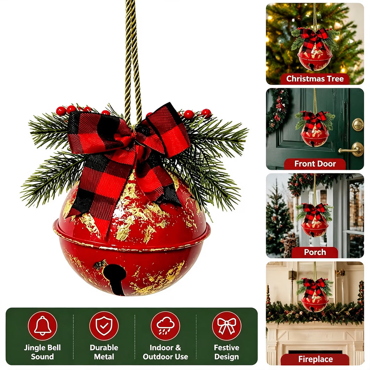 Large Christmas Bells for Decoration, Vintage Red Gold Bells Rustic Metal Hanging Christmas Jingle Bells Ornaments Traditional Christmas Decor for Christmas Tree Door Yard Porch Home Decor, 1 Pack