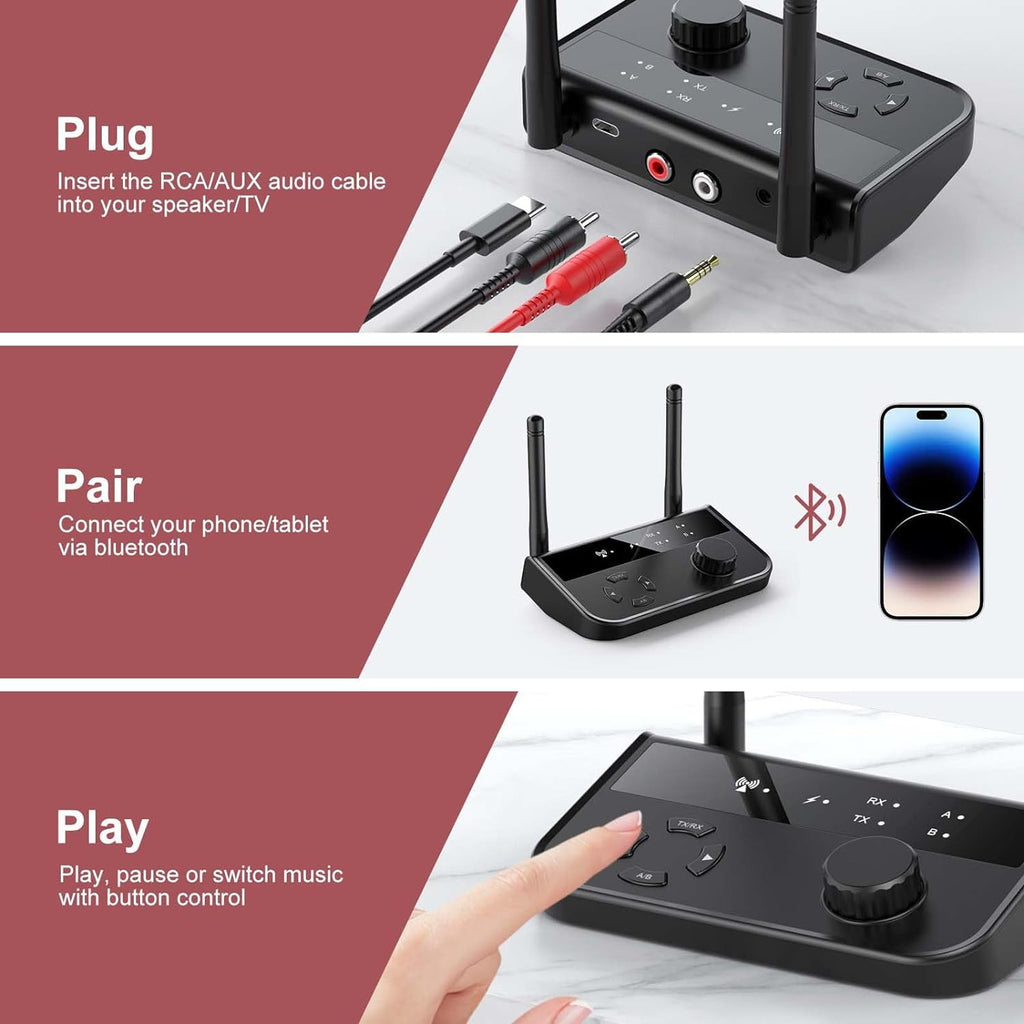 Bluetooth 5.3 Transmitter Receiver Long Range Bluetooth Audio Adapter Wireless Music Receiver with Dual Channel 3.5mm Aux RCA Port for Home Stereo Laptop Speakers