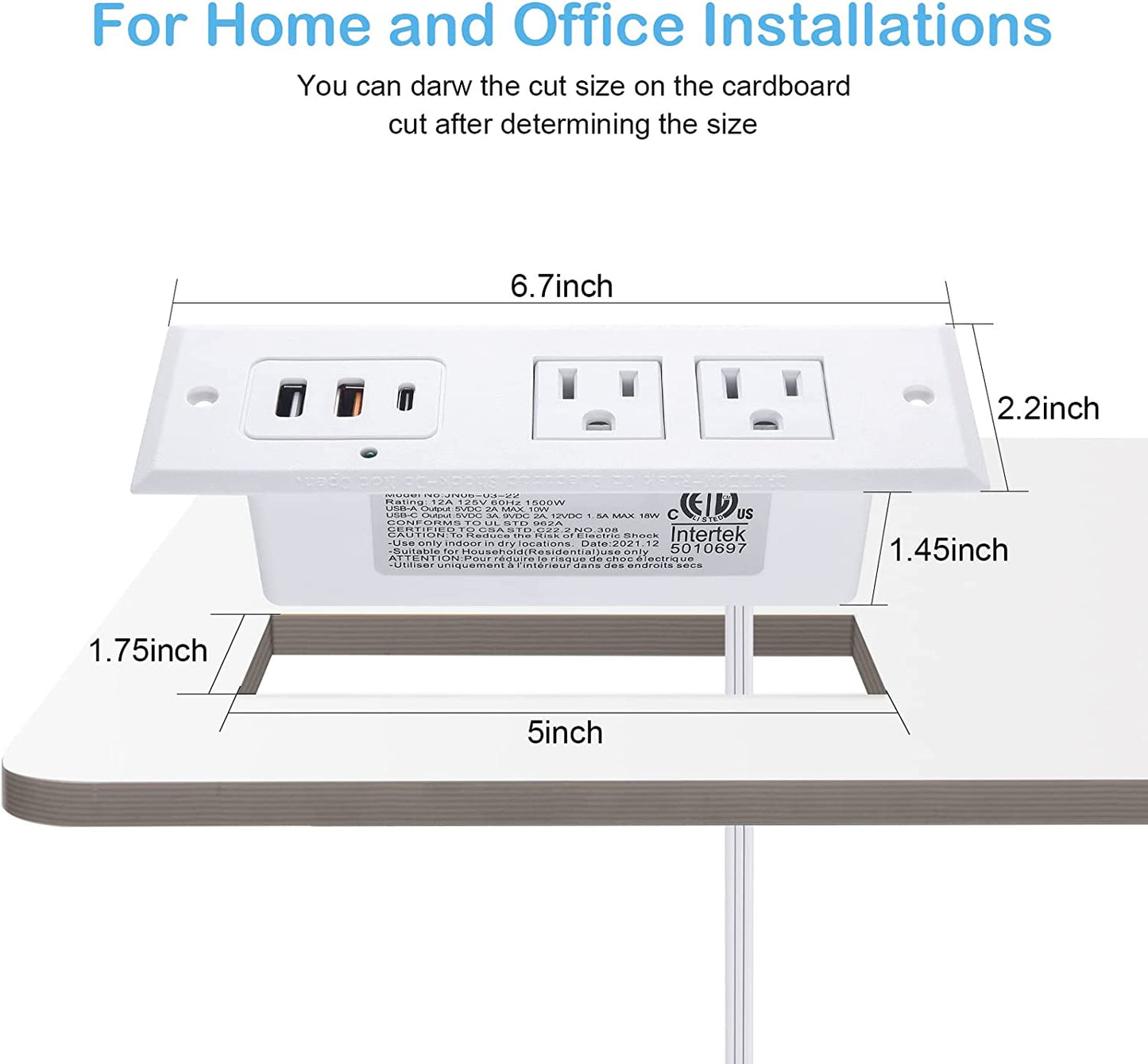 Recessed Power Strip with 20W USB C Port Fast Charging USB A Port Desk Outlet Furniture Hidden Charging Station for Side Table End Table with 6FT 45 Degree Flat Plug Extension Cord White