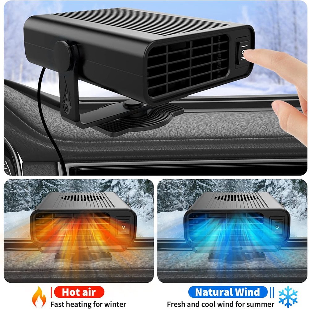 2 in1 Fast Heating and Cooling Car Heaters Portable Car Heater 12v Car Heater and Defroster Plug-In Car Windscreen Fan For All Cars 360°Degree Defroster with Rotatable Suction Holder Black