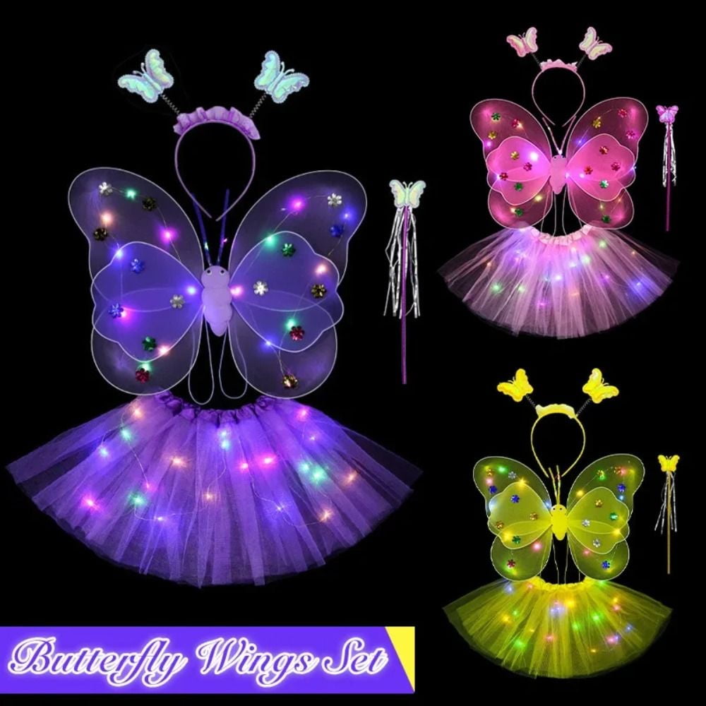LED Children Costume Prop for Halloween Christmas Fairy Princess Kids Costume Sets Butterfly Wings Wand Headband Tutu Skirt New Year Gifts for 3 4 5 6 7 8 Years Old Girls Red with Light