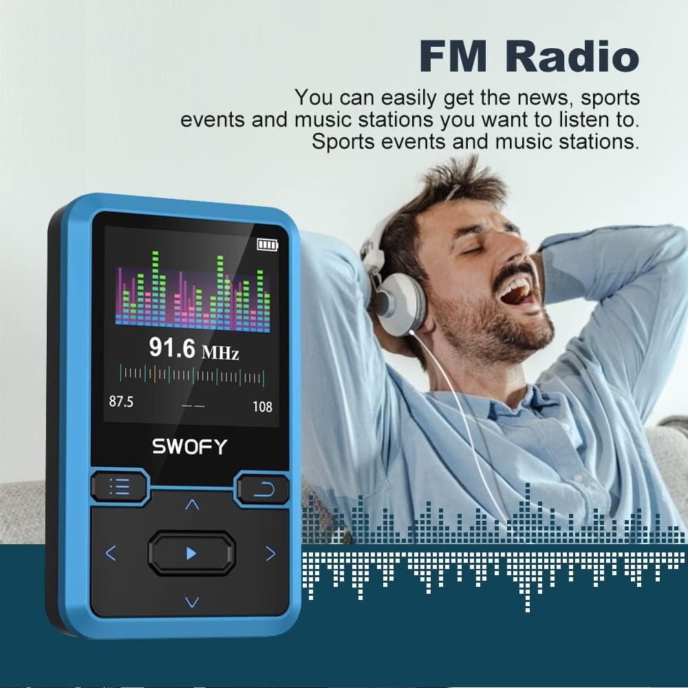 32GB MP3 Player with Bluetooth 5.0 Mini Clip Portable Wearable MP3 Player with FM Radio Recording Children s Music mp3 Player Mp3 Mp4 Player with Pedometer Music Player Support up to 128GB(Blue)
