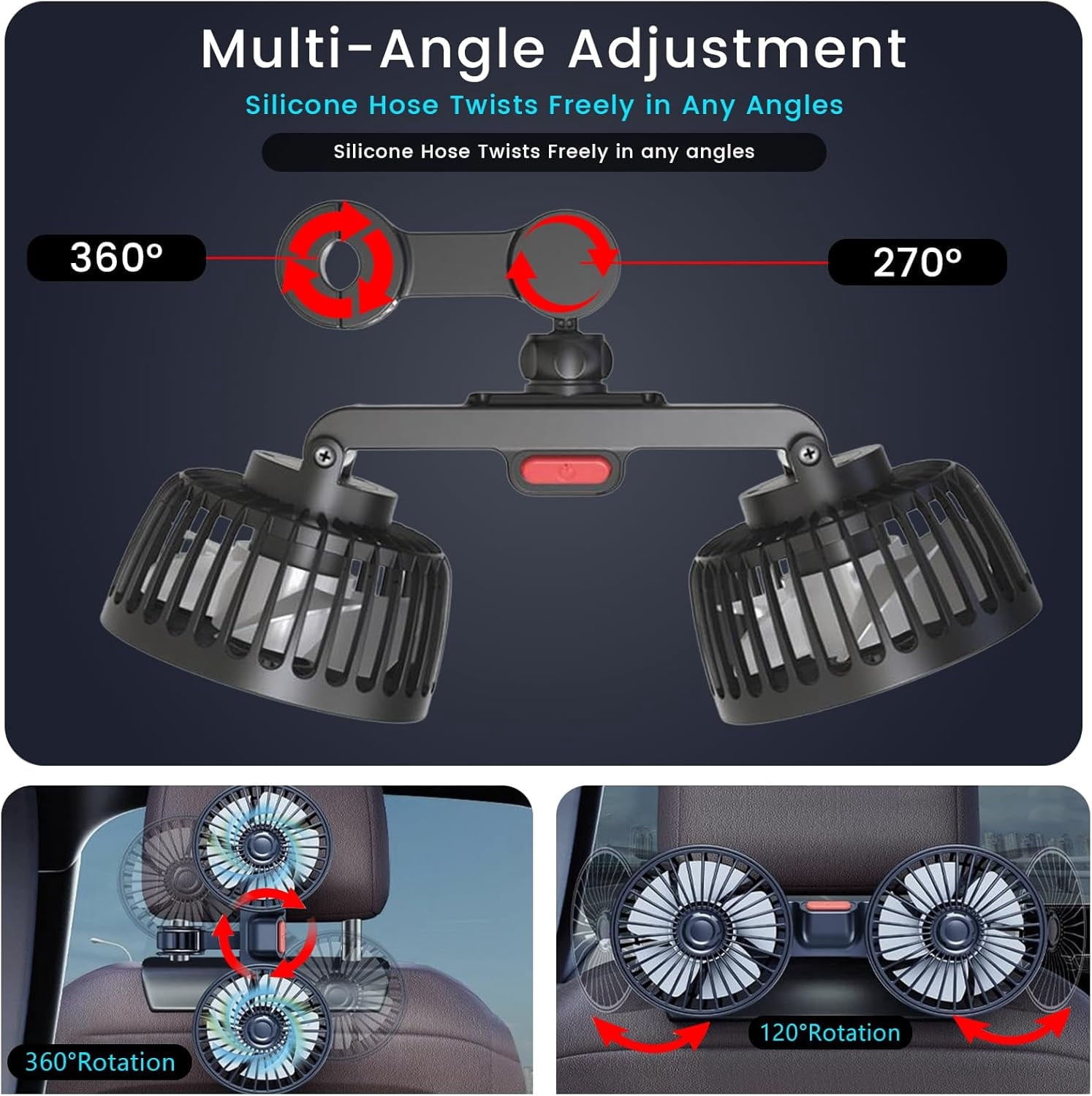 USB Car Cooling Fans for Backseat Dual Head Car Fan for Kids 360° Rotatable Headrest Fans 3-Speed Ultra-Quiet 5V Powerful Electric Air Circulation Fan for SUV Truck Sedan