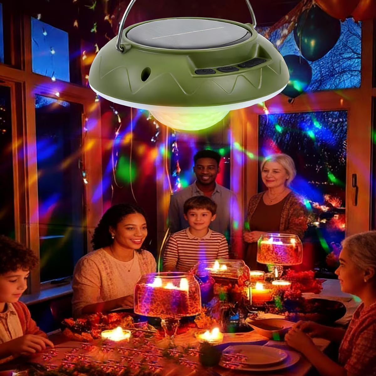 Solar Camping Lights & Lantern with Disco Light Ball, Rechargeable Hanging Tent Light, Music Sync Strobe RGB LED Camping Party Lights with 9 Light Modes & IPX4 Waterproof, Camping Essentials, Green