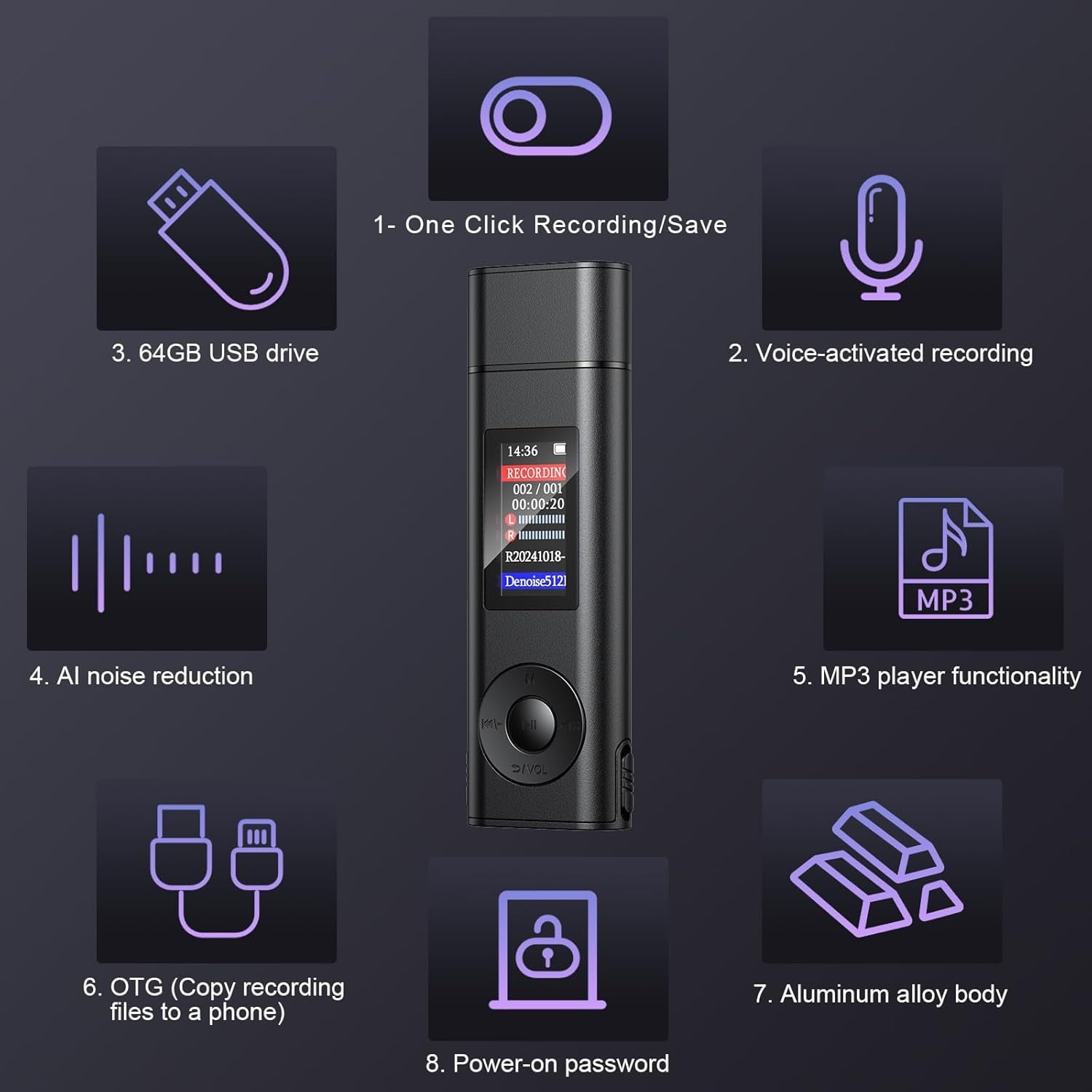 MUSICOZY Digital Voice Recorder 64GB USB Voice Activated Audio Recorder Small and Portable Voice Recorders with Playback Digital Voice Recorder for Meetings/Interviews/Classroom Support to 256GB