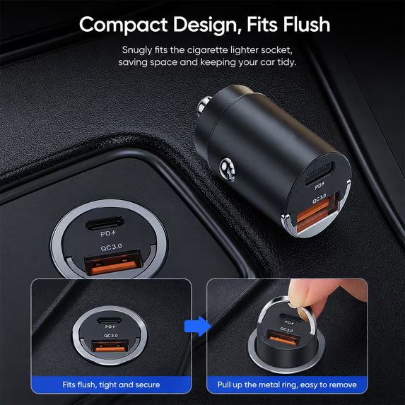 65W USB-C PD & 60W USB-A QC Car Charger, Dual Port Fast Car Charger for Phone, Tablet and Laptop, Compatible with 12V/24V Vehicles, Black