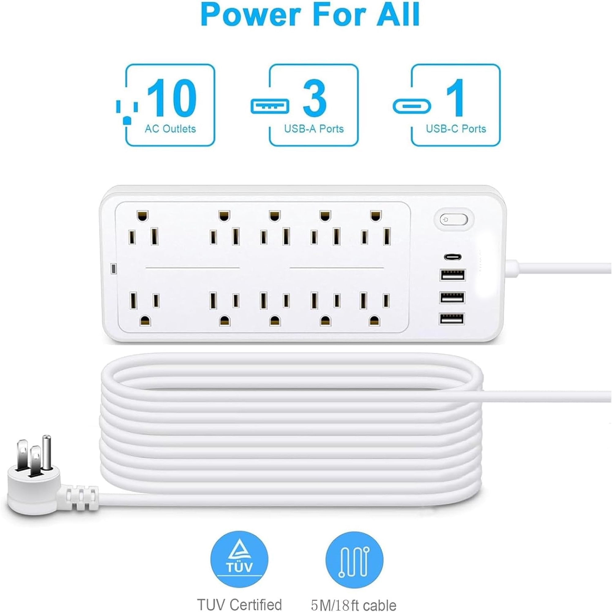 Power Strips with Surge Protection 16Awg Heavy Duty 2000W/13A 10 Outlets with 4 USB Ports (1 USB C) Extension Cord with Multiple Outlets 14-in-1 Flat Plug Power Strip Protector for Home Office White