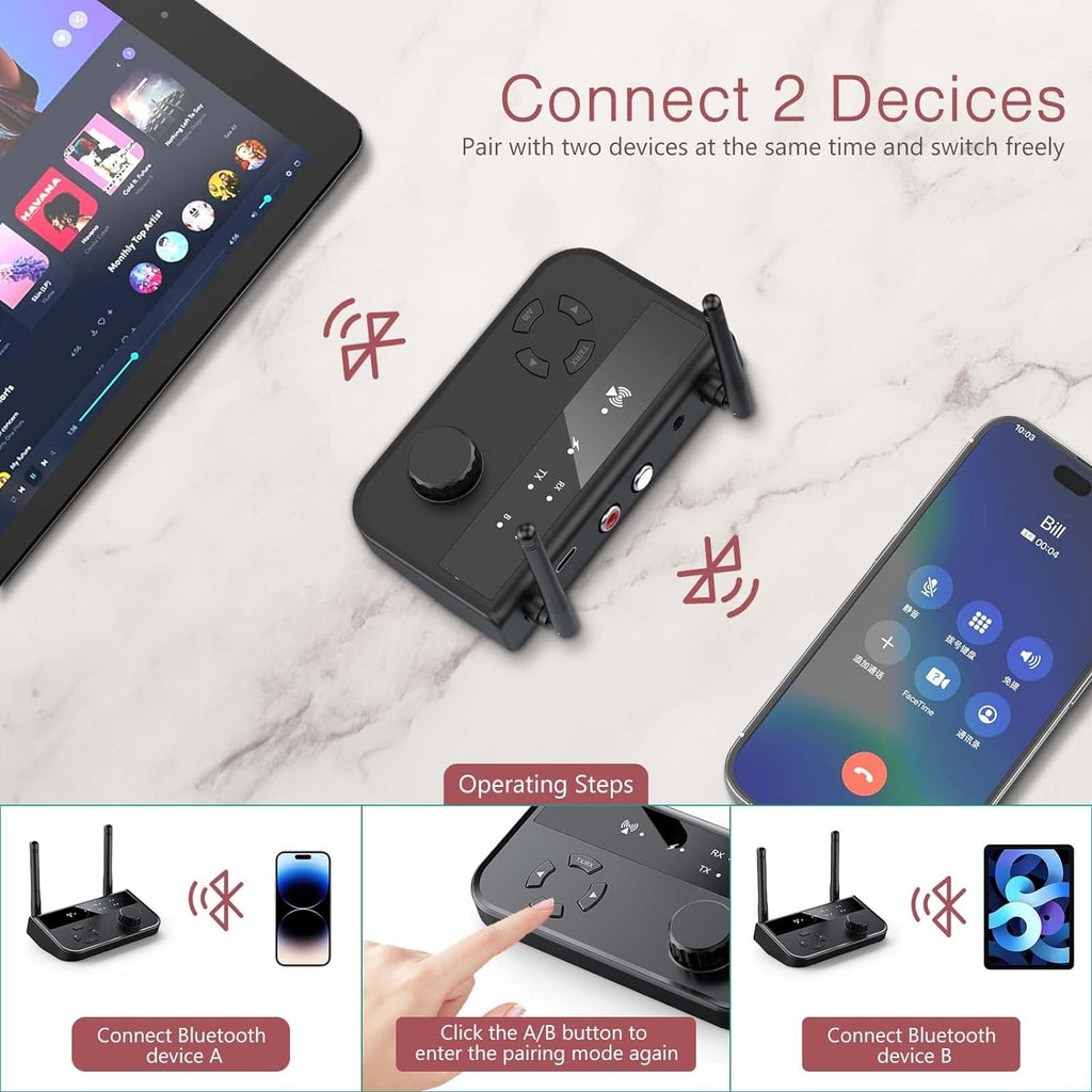 Bluetooth 5.3 Transmitter Receiver Long Range Bluetooth Audio Adapter Wireless Music Receiver with Dual Channel 3.5mm Aux RCA Port for Home Stereo Laptop Speakers