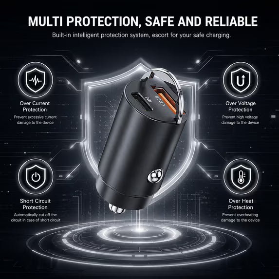 65W USB-C PD & 60W USB-A QC Car Charger, Dual Port Fast Car Charger for Phone, Tablet and Laptop, Compatible with 12V/24V Vehicles, Black