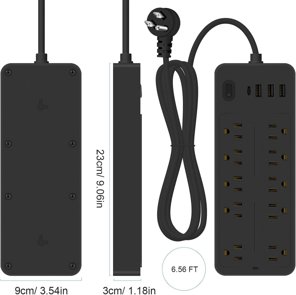 Power Strips with Surge Protection 16Awg Heavy Duty 2000W/13A 10 Outlets with 4 USB Ports (1 USB C) Extension Cord with Multiple Outlets 14-in-1 Flat Plug Power Strip Protector for Home Office Black