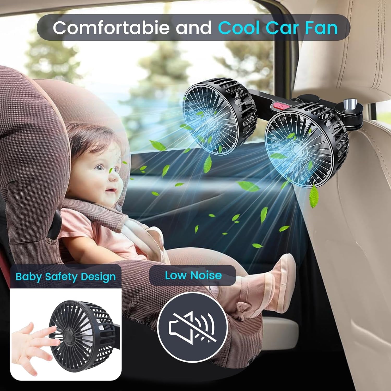 USB Car Cooling Fans for Backseat Dual Head Car Fan for Kids 360° Rotatable Headrest Fans 3-Speed Ultra-Quiet 5V Powerful Electric Air Circulation Fan for SUV Truck Sedan
