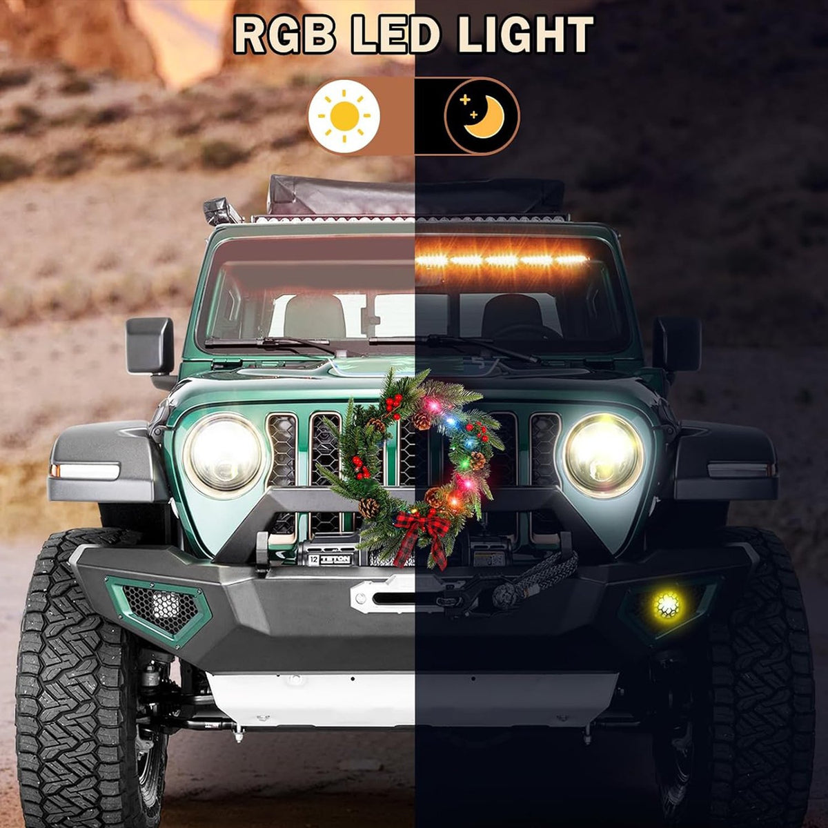 Lighted Christmas Wreaths for Car Front Grill, 11.81" Artificial Christmas Car Wreath Decorations with Red Bow & Berry Clusters, Battery Operated, Christmas Car Decorations for Golf Cart SUV Jeeps