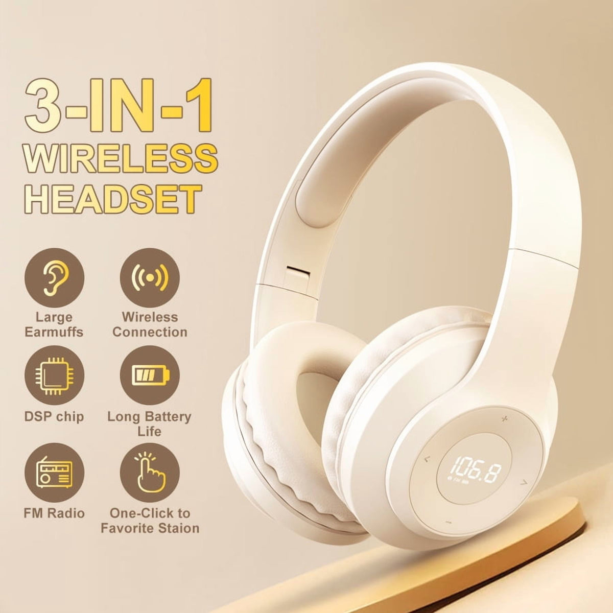Wireless FM Radio Headphones with Bluetooth Built-in Microphone LED Display Rechargeable & Portable Headphones Soft Ear Muffs FM Headset Radio Receiver for Meeting Works Hiking Jogging