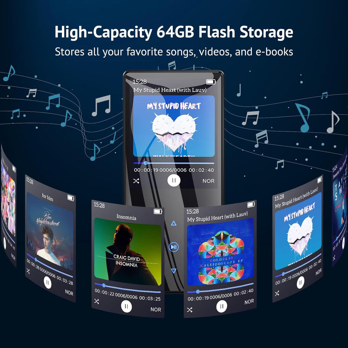 MUSICOZY 64GB MP3 Player with Bluetooth 5.3,Music Player Features HD Speaker, Earphone,2.4" Touch Buttons Screen with FM Radio Voice Recorder E-Book HiFi Sound,Support up to 128GB for Walking,Running