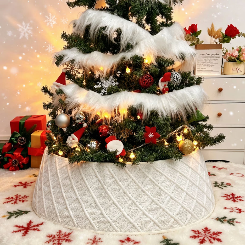 Christmas Tree Collar, 28 inch Knitted Christmas Tree Collar, Cream White Xmas Tree Collar, Sturdy Construction Foldable Tree Ring for Artificial Trees Xmas Farmhouse Holiday Home Decor Gifts