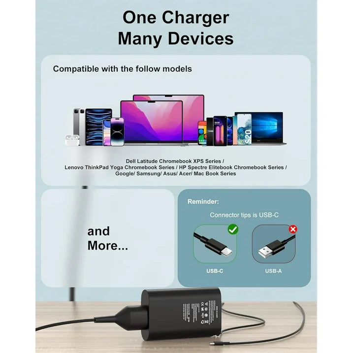 65W 60W Laptop Charger for Dell Laptop:Dell Latitude 5540 5420 5530 5430 7420 7430 7440 5550 5450 5440 3540 5520,for Dell Inspiron 14 7420 7425 2in1 XPS 13 Chromebook USB C AC Adapter Power Cord,11FT