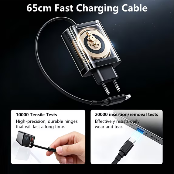 Retractable USB C Charger, 65w Fast USB C Charging Block with Type-C Cable & Dual Ports, Retractable Gan Wall Charger with Smart Display for All Phone Tablet Laptops Travel Essential, Grey