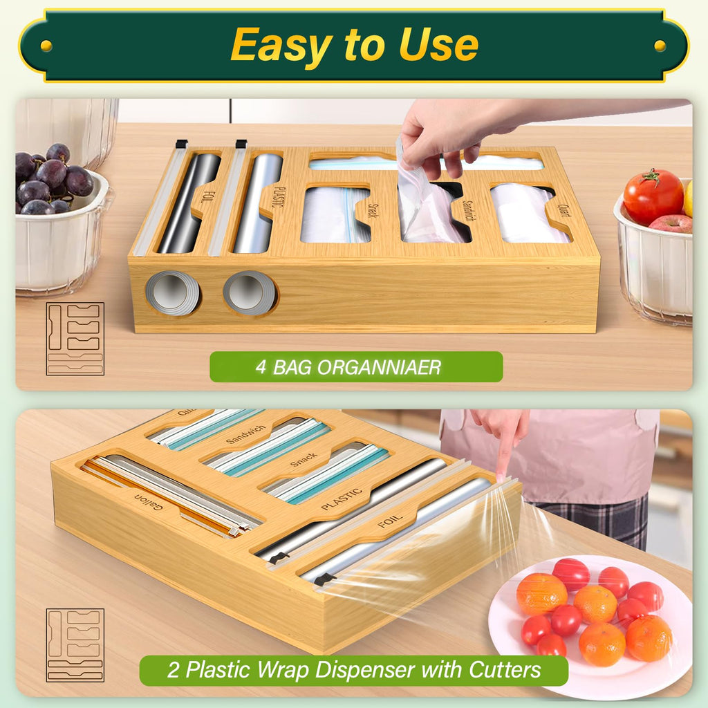 Bag Organizer with Cutter  6 In 1 Bamboo Foil and Plastic Wrap Organizer for Kitchen  Food Storage Bag Organizer for Gallon Quart Sandwich Snack