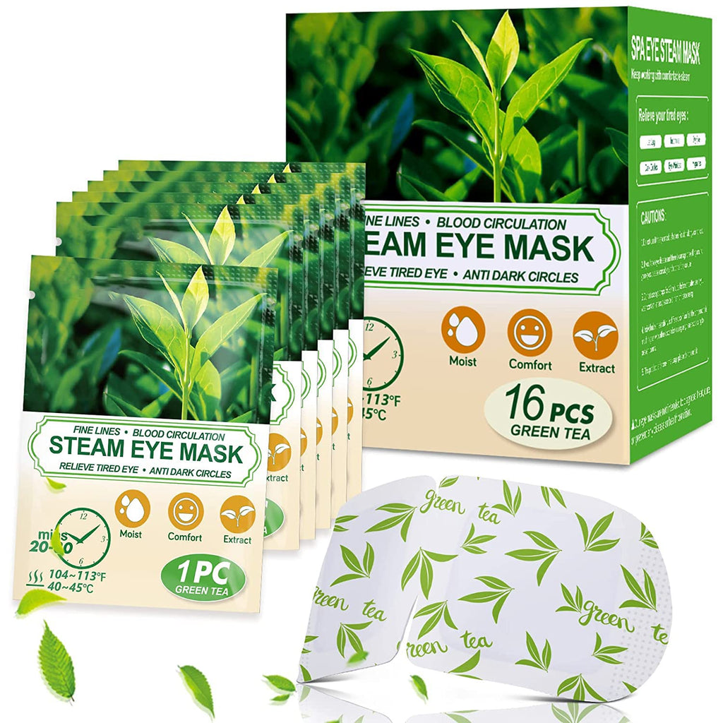 16 Packs Steam Eye Masks for Dry Eyes  Green Tea Warm Eye Mask  Relief Eye Fatigue Hot Sleep Eye Mask for Puffy Eyes Mask  Disposable Moist Heating Compress Pads for Sleeping  Self Heated Eye Mask