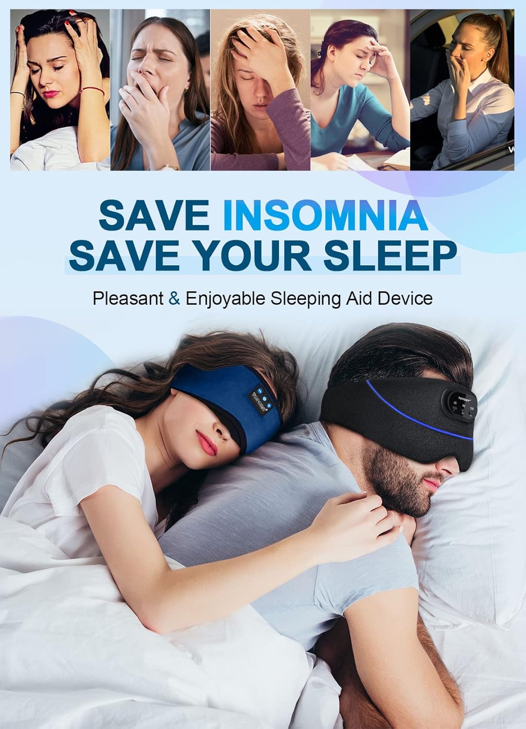 TOPOINT Sleep Headphones  Sleeping Headphones Bluetooth Sleep Mask with Bluetooth Headphones  Aid Sleep Light Blackout Sleeping Eye Mask Headphones for Sleeping Side Sleepers Men Women Girls