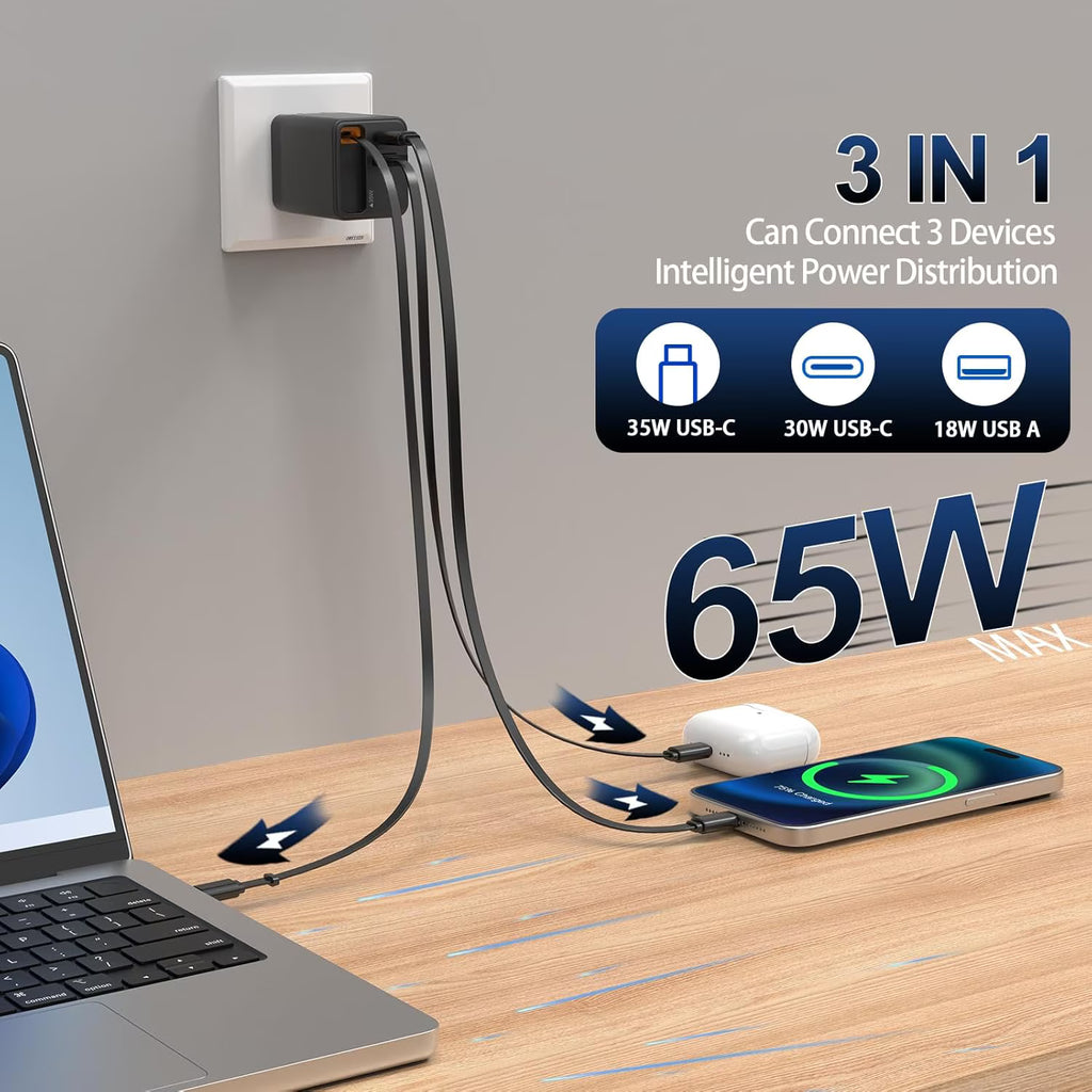 Retractable Charger, Type C Charger Fast Charging, 65W Retractable USB C Charger with Type-C Cable and QC18W PD30W Port, PD PPS Fast Charging Block with Foldable Plug Travel Essentials
