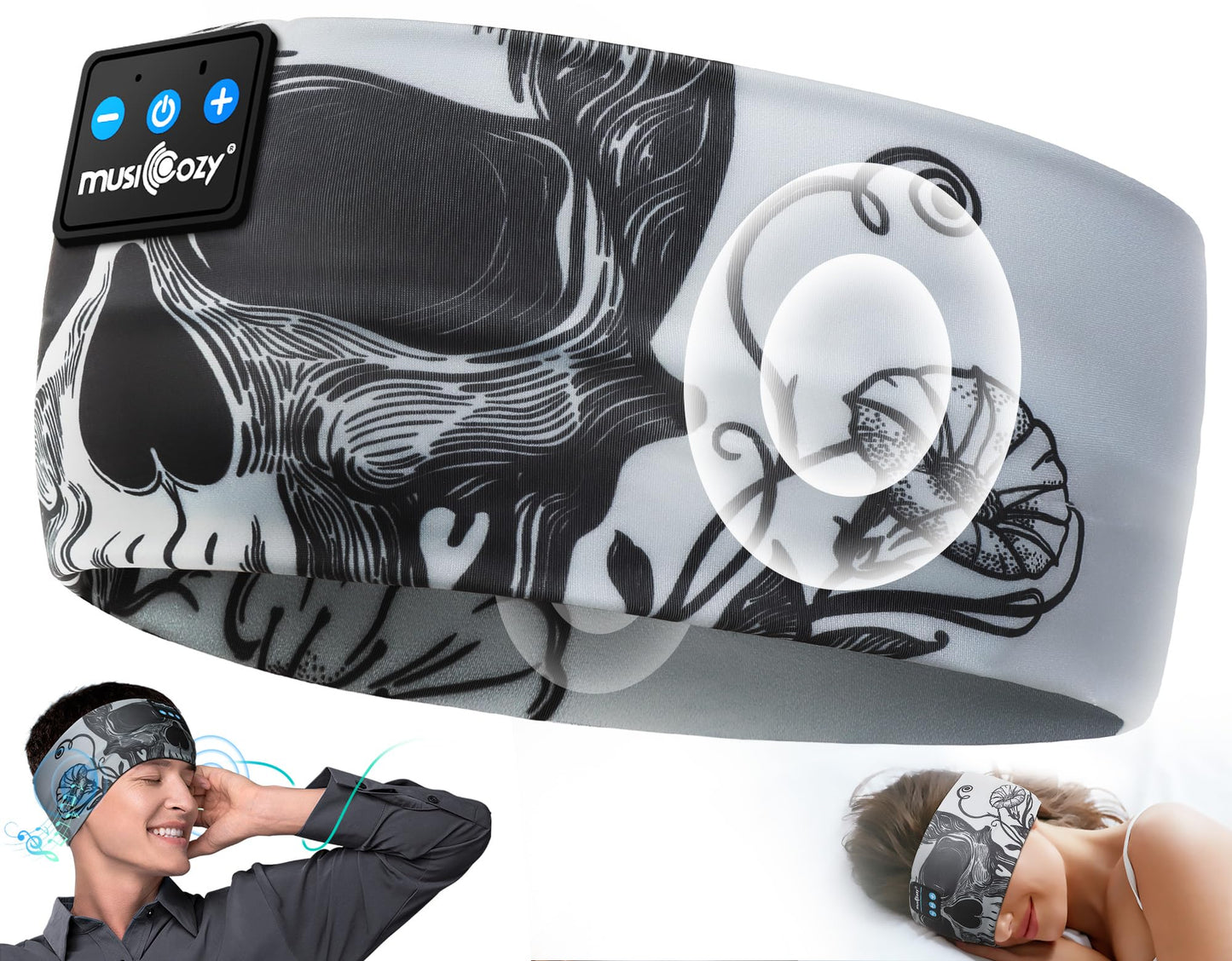 MUSICOZY Sleep Headphones Bluetooth Headband  Wireless Sleeping Headphones Music Sport Headbands  Long Time Play Sleeping Headsets Built-in Thin Speakers(Skulls Design)