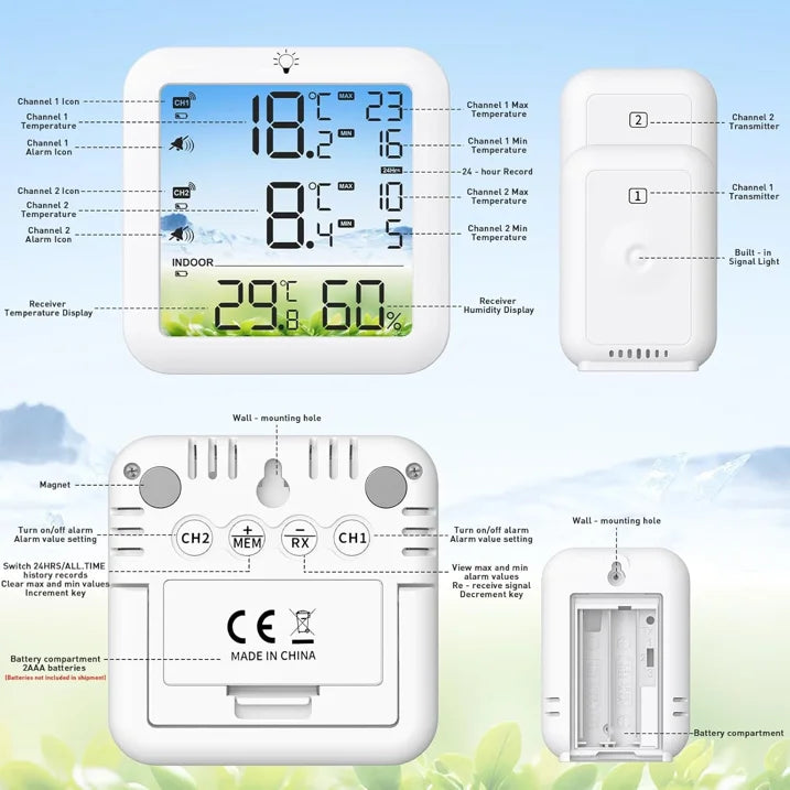 MUSICOZY Wireless Fridge and Freezer Thermometer with Alarm, Max/Min Temperature Records Digital Refrigerator Thermometer, 328FT Remote Range, Magnetic & Stand Options for Kitchen Home Restaurant