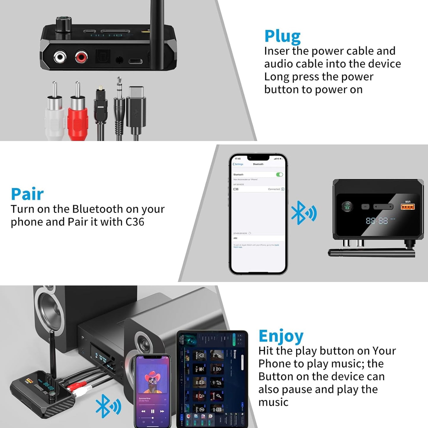 Bluetooth 5.3 Receiver for Home Stereo RCA Bluetooth Adapter Low Latency & HD Music Audio Support Optical AUX 3.5mm RCA Receiver Adapter for Speakers Music Streaming Stereo System