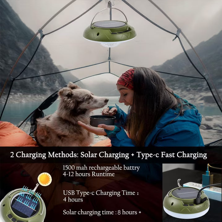 Solar Camping Lights & Lantern with Disco Light Ball, Rechargeable Hanging Tent Light, Music Sync Strobe RGB LED Camping Party Lights with 9 Light Modes & IPX4 Waterproof, Camping Essentials, Green