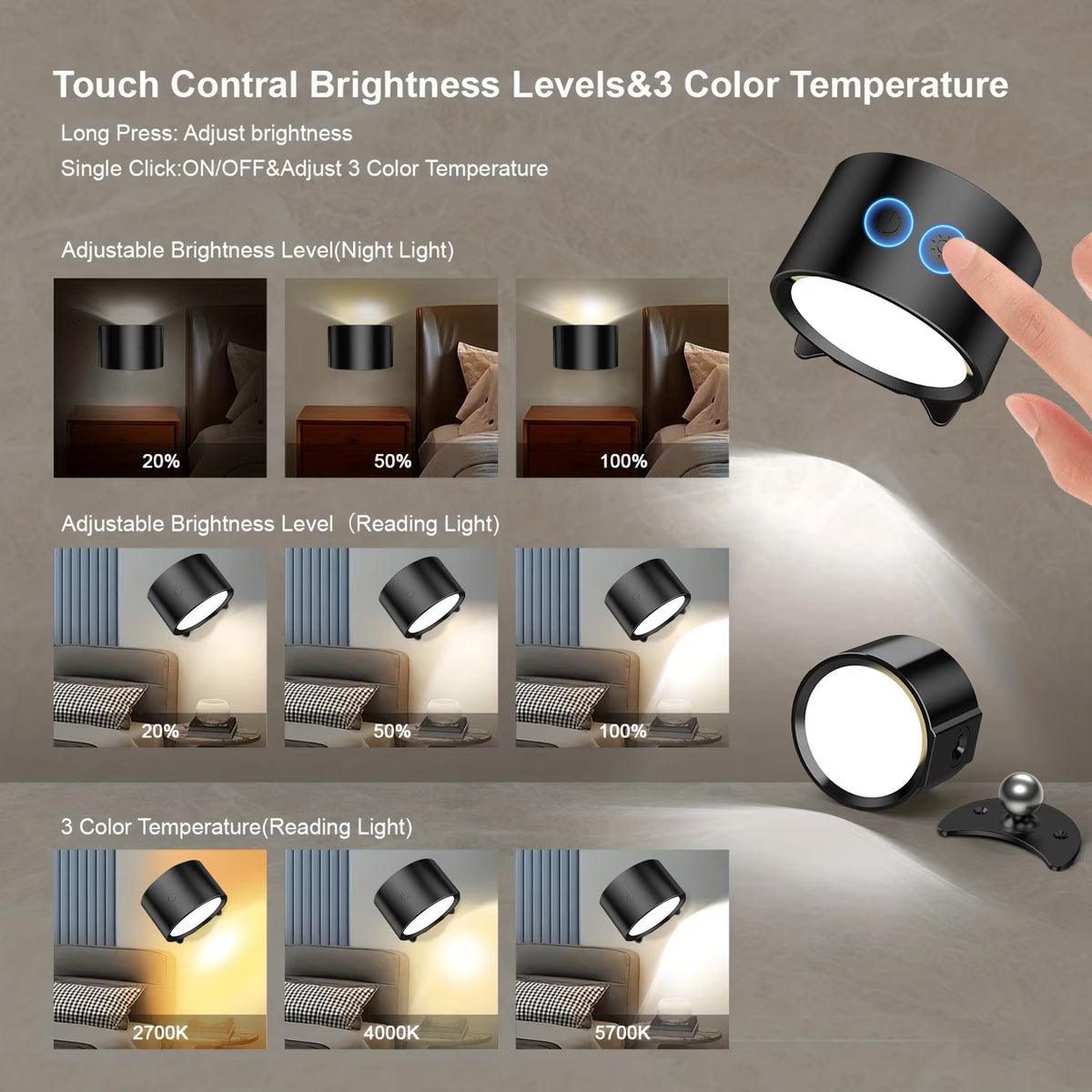Wall Light,Magnetic Wall Sconce,Rechargeable Wall Mounted Lamp with LED 3 Color 4 Brightness Stepless Dimming,360° Rotate,Remote Control,Cordless Wall Lamp for Bedroom,Reading,Bedside,Closet,Hallway