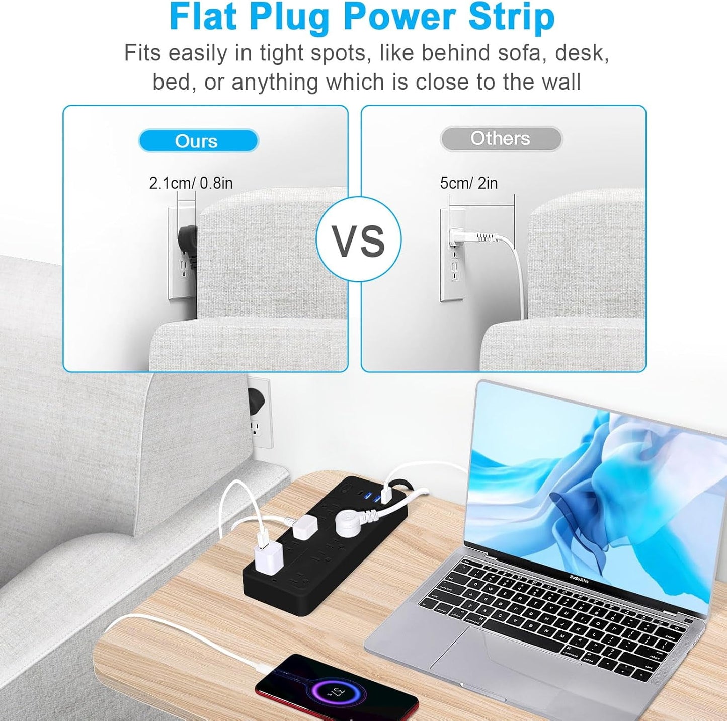 Power Strips with Surge Protection 16Awg Heavy Duty 2000W/13A 10 Outlets with 4 USB Ports (1 USB C) Extension Cord with Multiple Outlets 14-in-1 Flat Plug Power Strip Protector for Home Office Black
