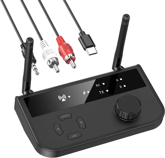 Bluetooth 5.3 Transmitter Receiver Long Range Bluetooth Audio Adapter Wireless Music Receiver with Dual Channel 3.5mm Aux RCA Port for Home Stereo Laptop Speakers