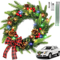 Lighted Christmas Wreaths for Car Front Grill, 11.81" Artificial Christmas Car Wreath Decorations with Red Bow & Berry Clusters, Battery Operated, Christmas Car Decorations for Golf Cart SUV Jeeps
