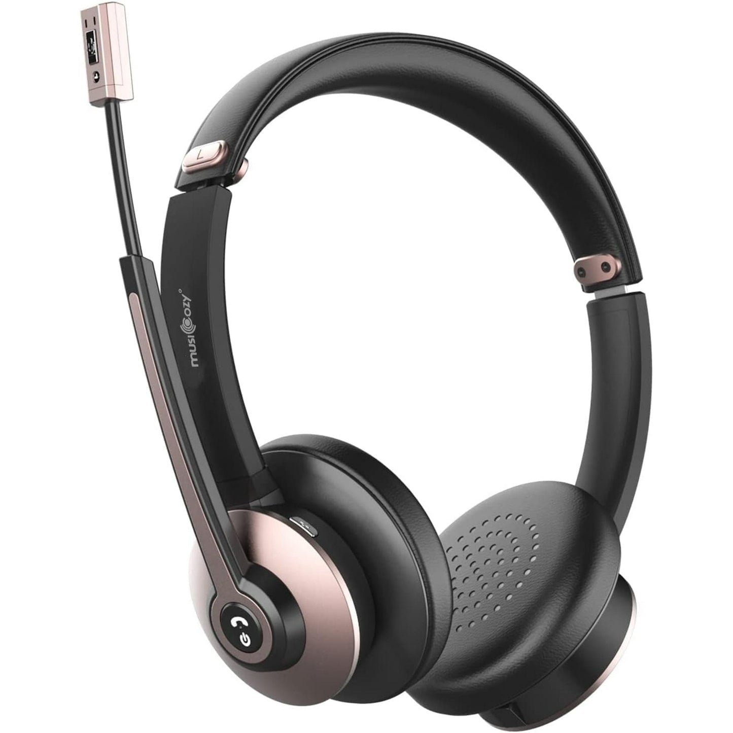 MUSICOZY Bluetooth Headset with Microphone Wireless Headphones with Noise Cancelling Mic 26hrs talktime On Ear Headphones with Mic Mute for Mac/Laptop/Zoom/Teams/Call Center/Office/Home Rose Gold