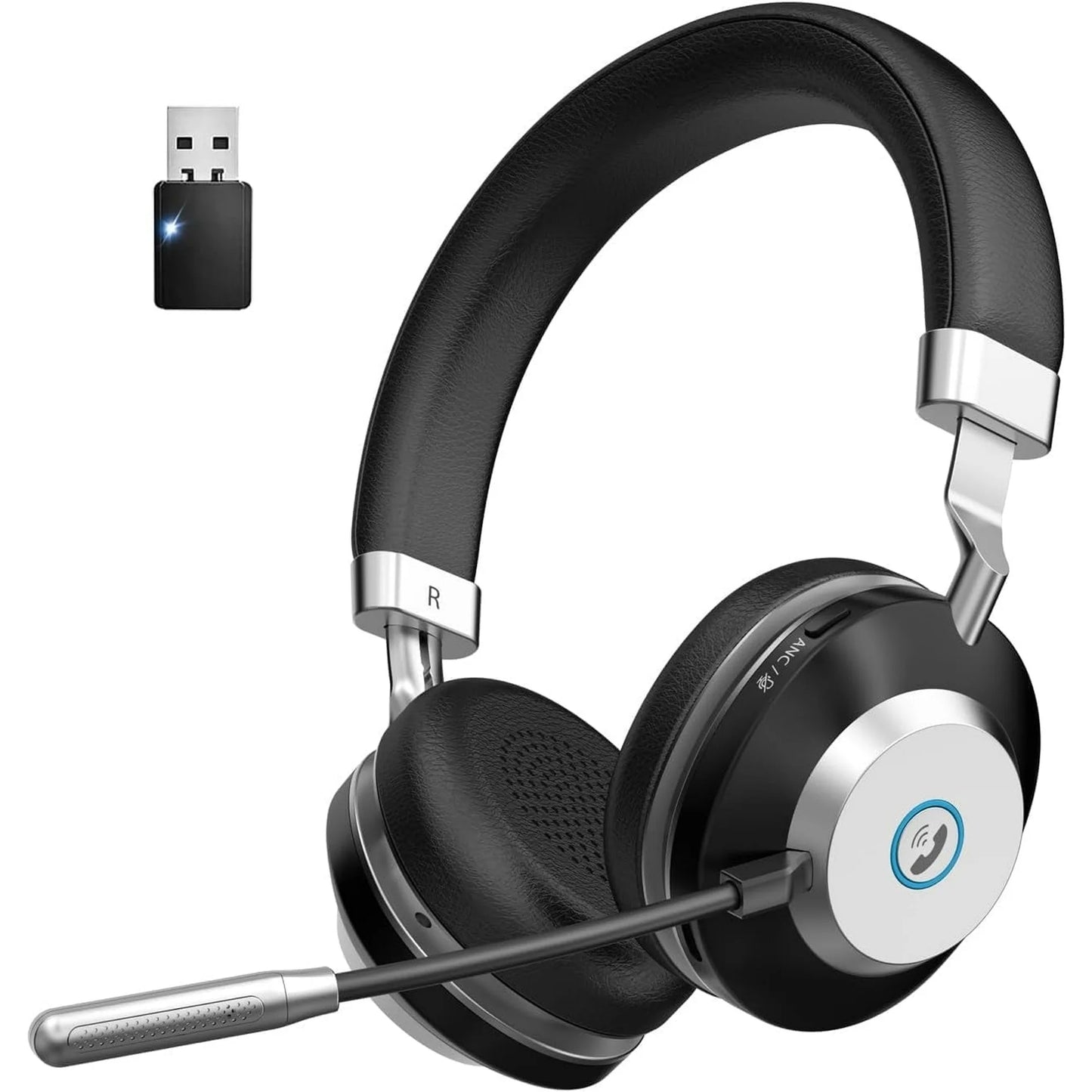 Bluetooth Headset with Microphone,Wireless Headphones with AI Noise Cancelling Mic and USB Dongle,45hrs talktime,On Ear Headphones with Mic Mute for Mac/Laptop/Zoom/Teams/Call Center/Office/Home