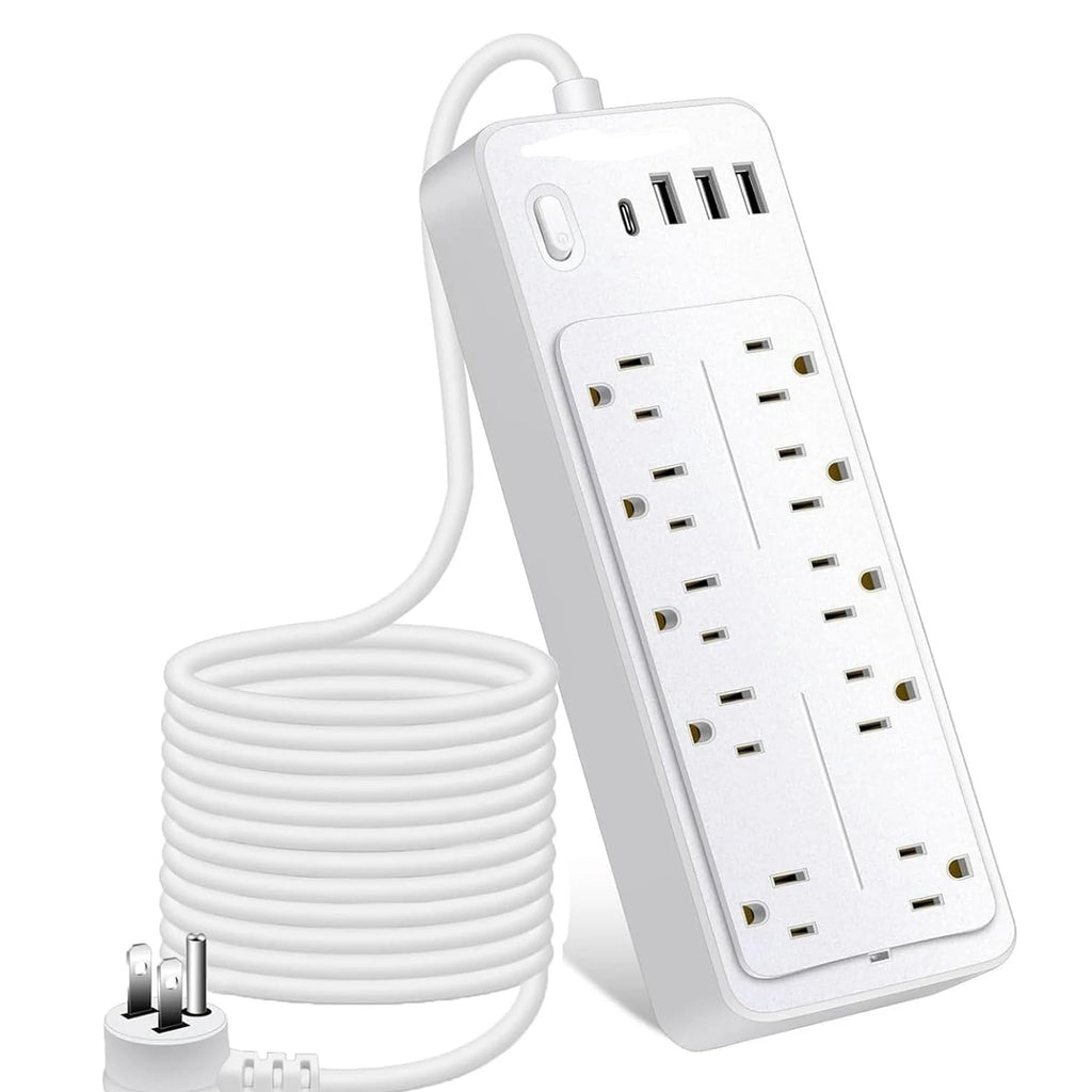 Power Strips with Surge Protection 16Awg Heavy Duty 2000W/13A 10 Outlets with 4 USB Ports (1 USB C) Extension Cord with Multiple Outlets 14-in-1 Flat Plug Power Strip Protector for Home Office White
