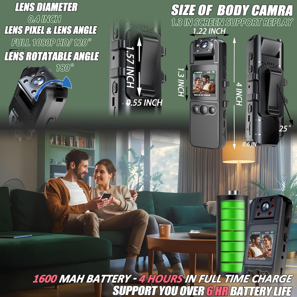 Body Camera with Audio and Video Recording  HD 1080P Body Cam with 180° Rotating Lens  6HR Battery  IR Cut Auto Night Vision  128GB Body Worn Camcorder  for Personal Civilians  Police Law Enforcement