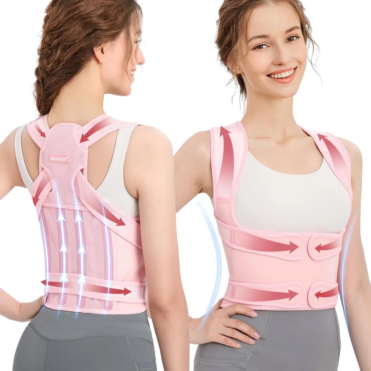 MUSICOZY Back Brace Posture Corrector for Women  Back Straightener Posture Corrector  Scoliosis and Hunchback Correction  Back Pain  Spine Corrector  Support  Adjustable Posture Trainer Pink Medium